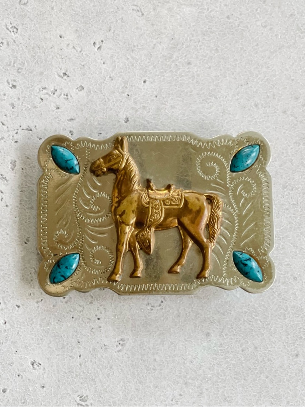 Vintage Nickel Silver Horse Faux Turquoise Belt Buckle Western Wear Cowboy